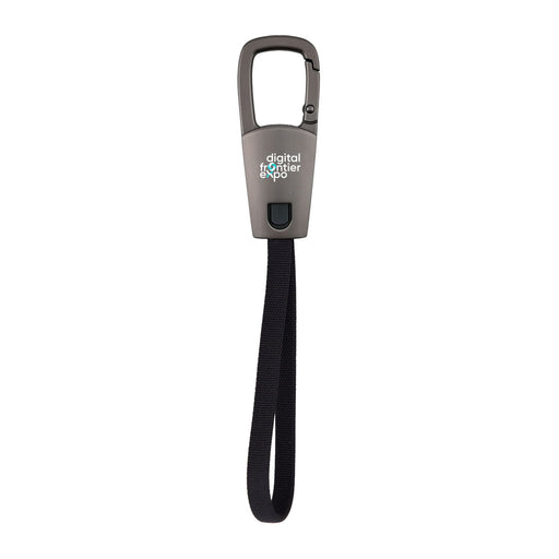 ClipIt Carabiner Cable - A grey carabiner cable with a black strap, featuring a logo on the front.