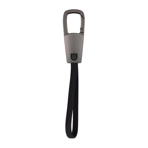 ClipIt Carabiner Cable - A grey carabiner-style clip with a black strap, designed as a charging cable accessory.