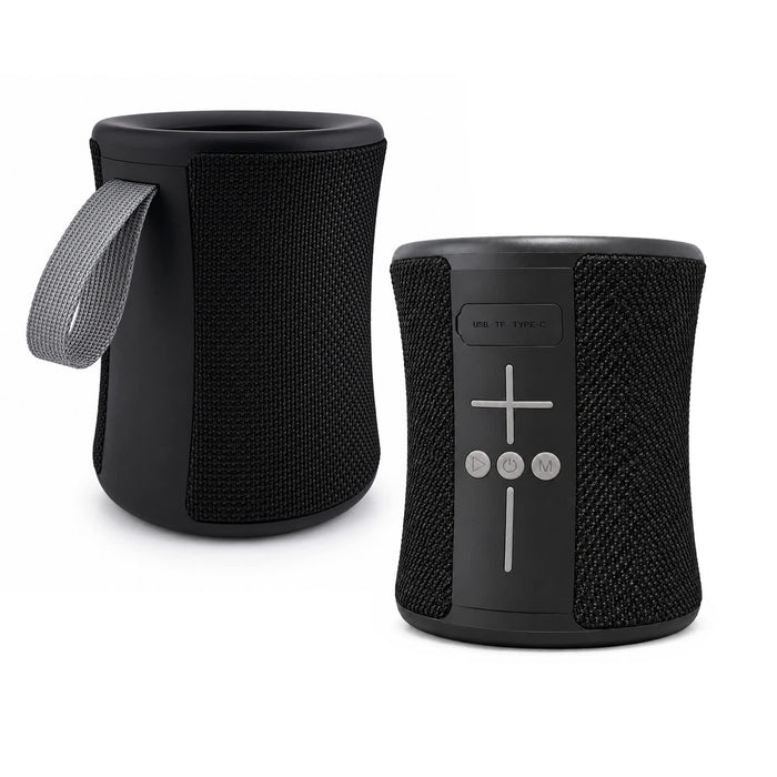 Delta 8W Speaker - A compact black speaker with a textured exterior and a carrying strap, featuring control buttons on the front.