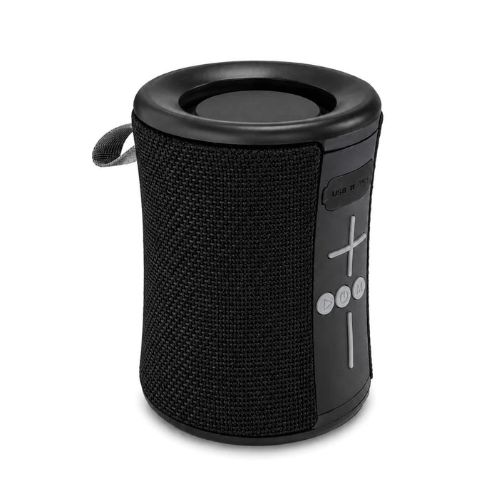 Delta 8W Speaker - A black cylindrical speaker with a textured exterior and control buttons on the side. It features a carrying handle.