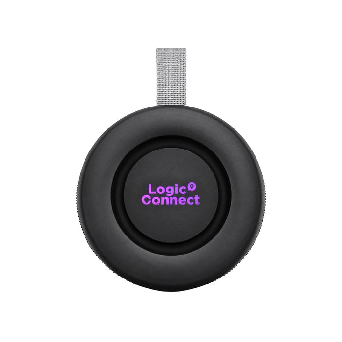 Delta 8W Speaker - A round black speaker with a grey strap and a logo in purple.