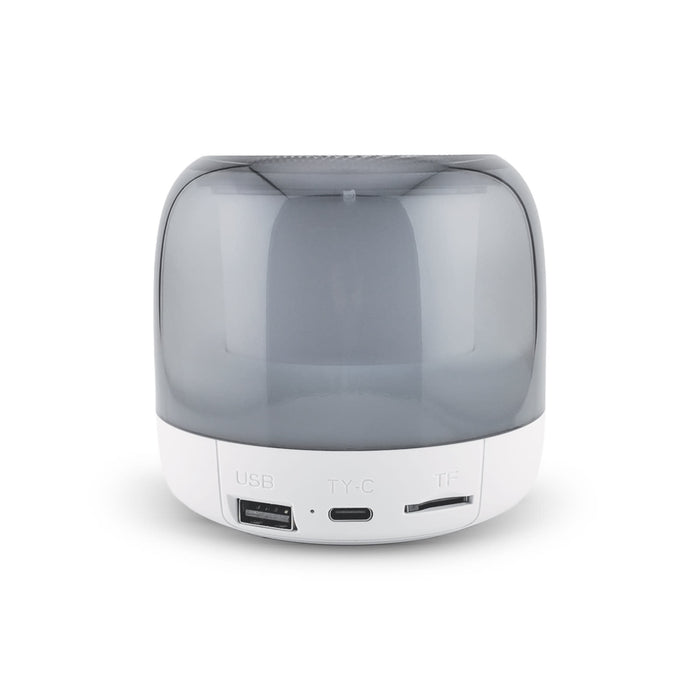 Dazzle RGB Speaker - A Dazzle RGB Speaker in grey with a white base, featuring USB, Type-C, and TF card ports.