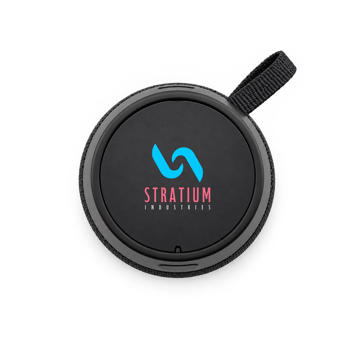 Empire Maglock Ph Stand Speaker - A circular black speaker with a textured surface and a strap, featuring a logo in blue and pink.