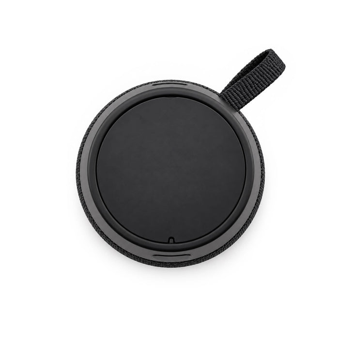 Empire Maglock Ph Stand Speaker - A round black speaker with a textured fabric edge and a loop for attachment. It has a smooth, flat surface on top.