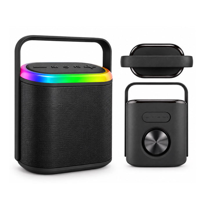 Hudson Bluetooth Speaker - A black Hudson Bluetooth speaker with a rainbow light strip and a removable handle, featuring control buttons on top.