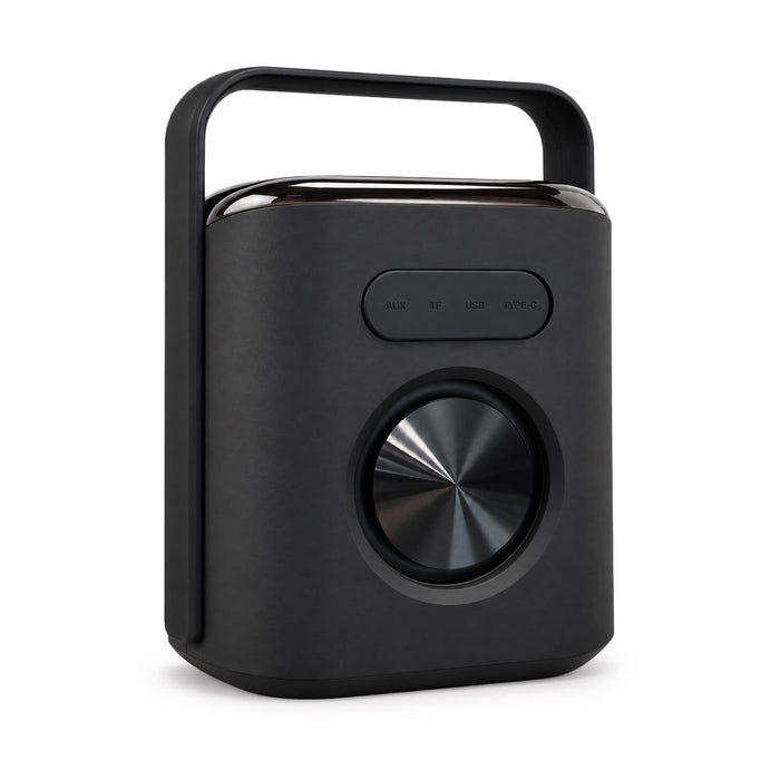 Hudson Bluetooth Speaker - A black Hudson Bluetooth speaker with a rounded handle and a large central dial for volume control.