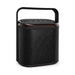 Hudson Bluetooth Speaker - A compact black Bluetooth speaker with a handle and control buttons on the top, featuring a textured exterior.
