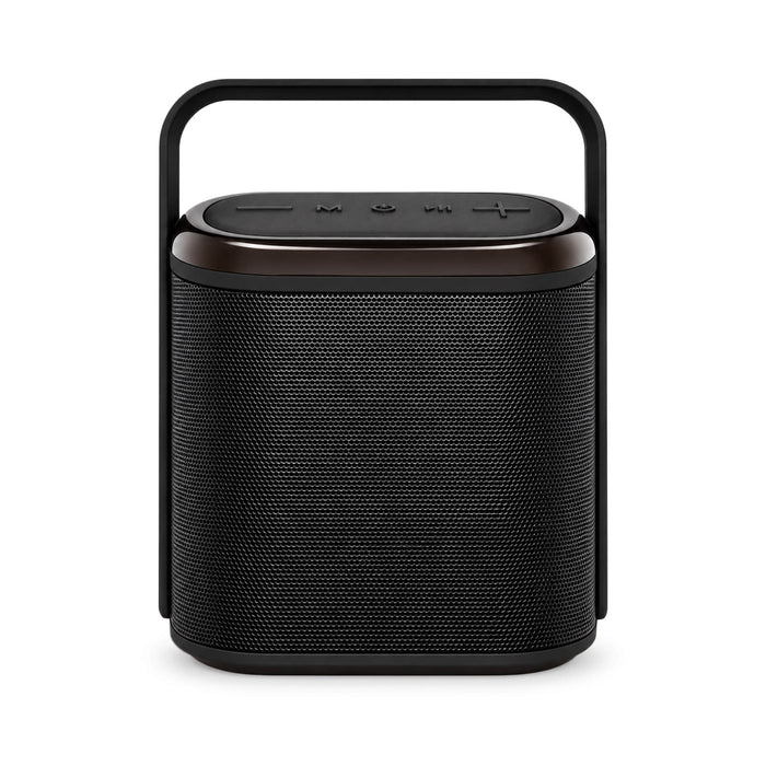 Hudson Bluetooth Speaker - A black Hudson Bluetooth speaker featuring a top control panel and a handle for portability.