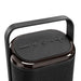 Hudson Bluetooth Speaker - A Bluetooth speaker in black with a sleek design and a handle, featuring control buttons on the top.