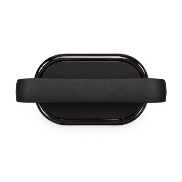 Hudson Bluetooth Speaker - A black Bluetooth speaker with a sleek oval shape and a textured surface, featuring a logo on the side.