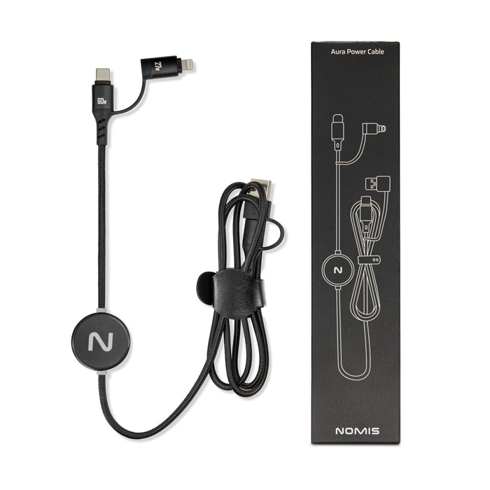 The Modern Essential Gift Set - A charging cable featuring a braided design in black with an attached cable holder and a branded round tag.