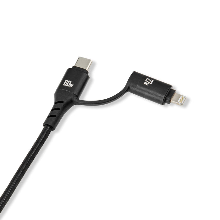Aura by Nomis Cable - A black charging cable with USB-C and Lightning connectors, featuring a braided design for durability.