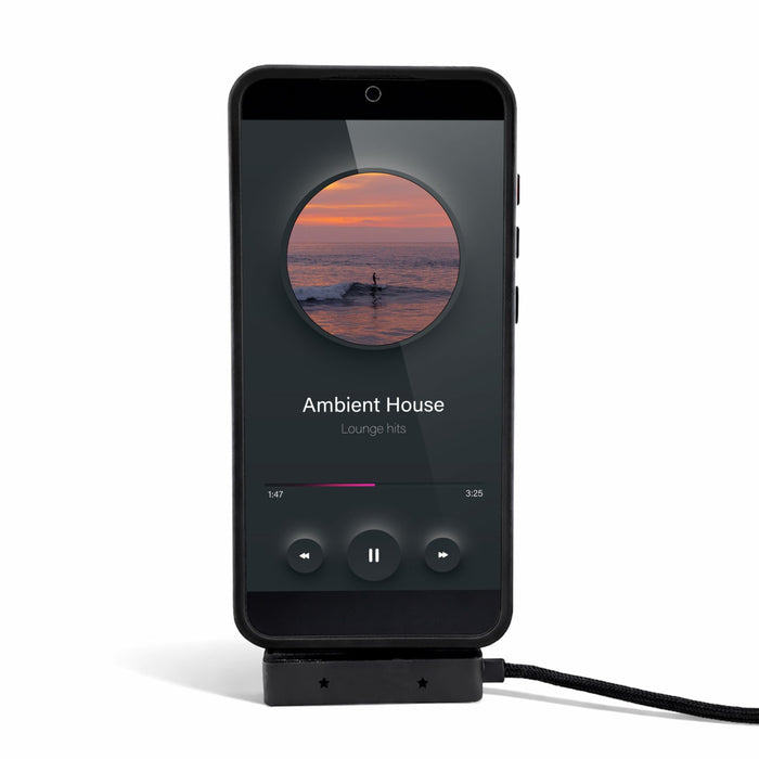 Ultra Power Cable - A smartphone displaying a music player interface, connected to a charging cable. The phone is in a protective case.