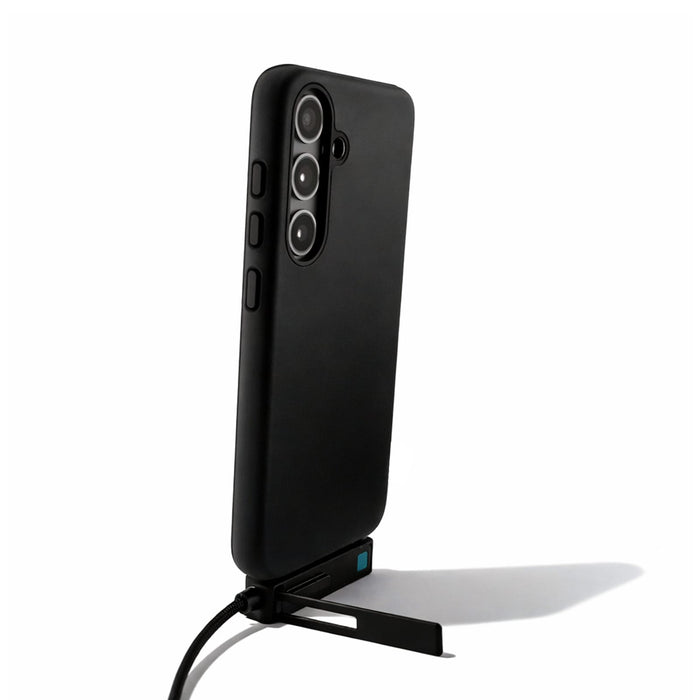 Ultra Power Cable - A black phone case with a stand and charging cable attached, featuring a camera cutout and buttons on the side.