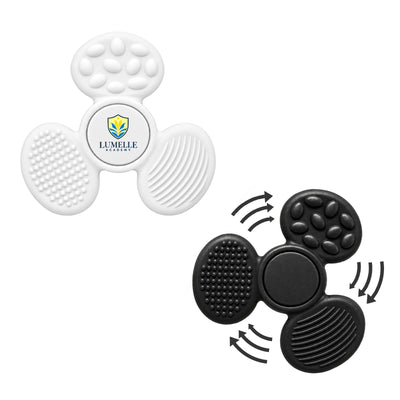 Tactile Fidget Spinner - A tactile fidget spinner in white and black, featuring various textured surfaces and a central logo.