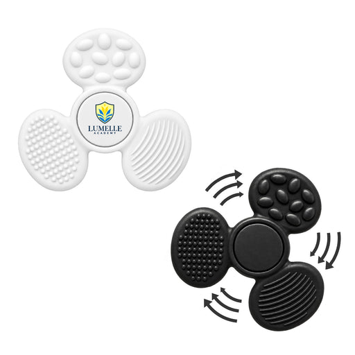 Tactile Fidget Spinner - A tactile fidget spinner in white and black, featuring various textured surfaces and a central logo.