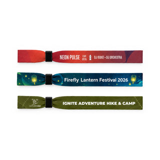 Event Wrist Band - Event wristbands in various colours, featuring designs for different events and a logo on each band.