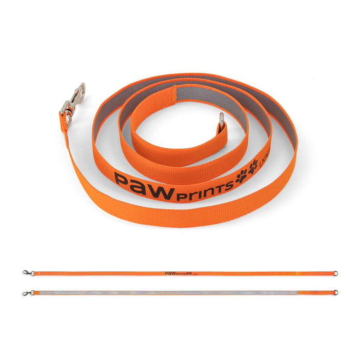 Printed Dog Lead - An orange printed dog lead with a grey interior and a metal clip, featuring a logo along its length.