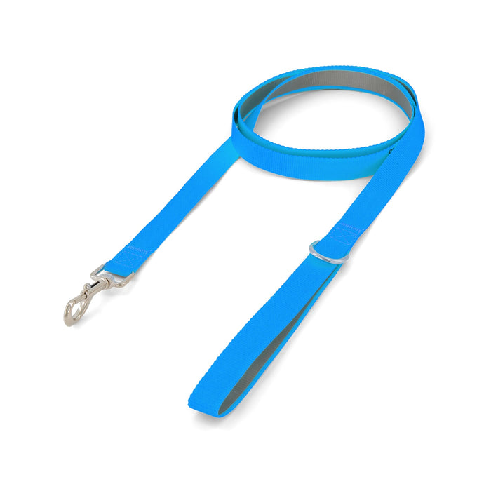 Printed Dog Lead - A bright blue printed dog lead with a silver clip and a grey inner lining. It has a sleek, smooth design.