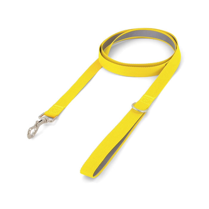 Printed Dog Lead - A yellow dog lead with a reflective strip and a metal clasp, designed for pet walking.
