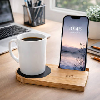 Cup Warmer with Inductive Charger - A white mug sits on a bamboo cup warmer with a phone charging beside it. The setting includes a laptop and office supplies.