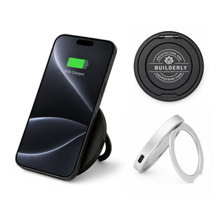 Puck Magnetic Phone and Watch Charger with Stand - A black magnetic phone and watch charger with a silver stand, displaying a phone showing a charging status.