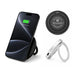 Puck Magnetic Phone and Watch Charger with Stand - A black magnetic phone and watch charger with a silver stand, displaying a phone showing a charging status.