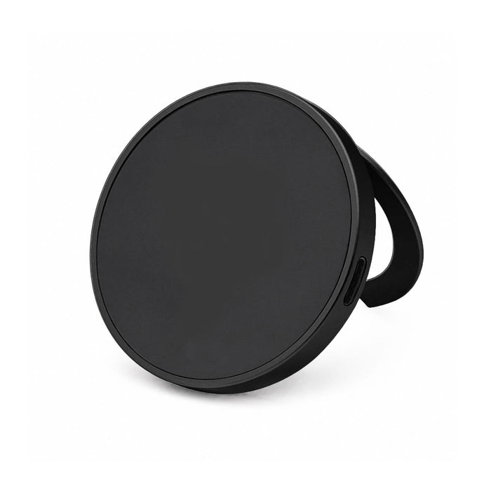 Puck Magnetic Phone and Watch Charger with Stand - A black magnetic phone and watch charger with a stand, featuring a sleek circular design.