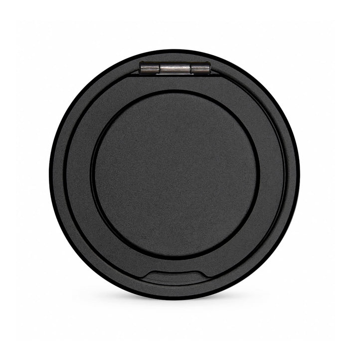 Puck Magnetic Phone and Watch Charger with Stand - A black circular magnetic charger with a stand feature, designed for phones and watches, featuring a logo.