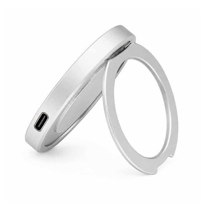 Puck Magnetic Phone and Watch Charger with Stand - A magnetic phone and watch charger with a stand, featuring a sleek silver design and a USB-C port.