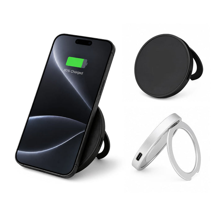 Puck Magnetic Phone and Watch Charger with Stand - A black magnetic phone and watch charger with a stand, featuring a sleek design and a silver connector.