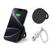 Puck Magnetic Phone and Watch Charger with Stand - A black magnetic phone and watch charger with a stand, featuring a sleek design and a silver connector.