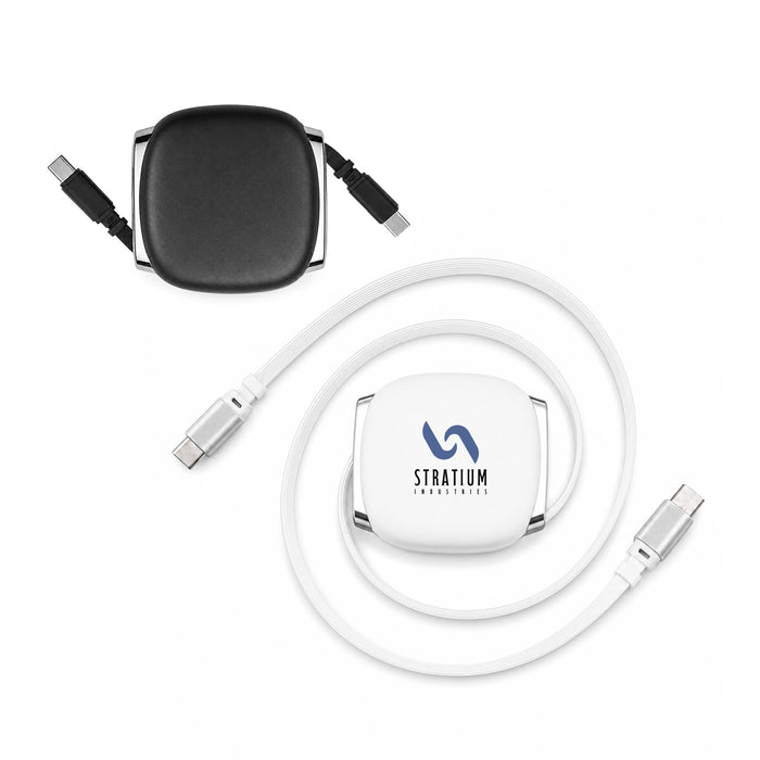 Reel 100W Cable - A black and white 100W cable reel with a retractable design and logo, featuring two connected cables.