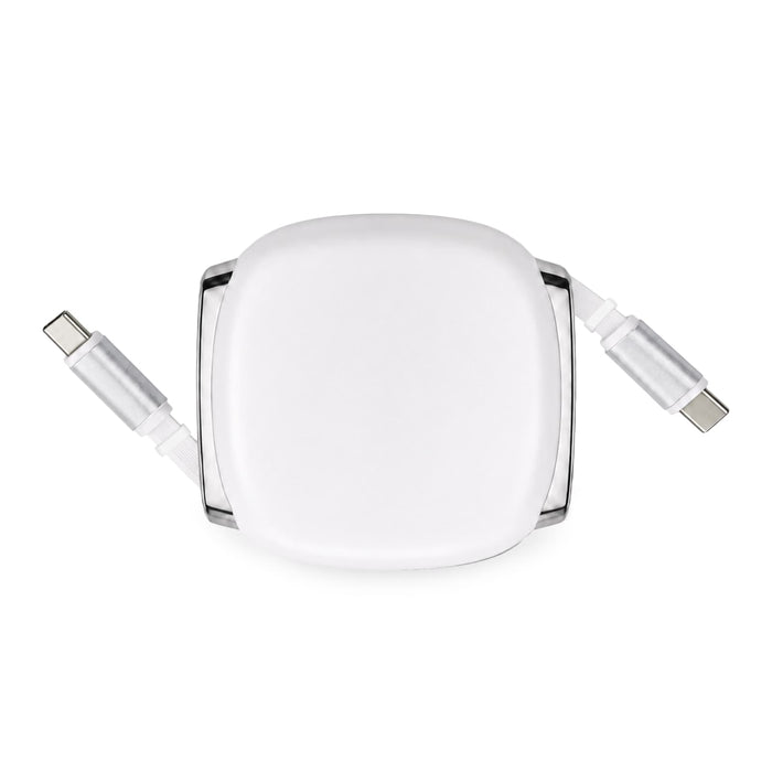 Reel 100W Cable - A white, rectangular retractable cable with two USB-C connectors and a metallic finish. It has a logo on the casing.