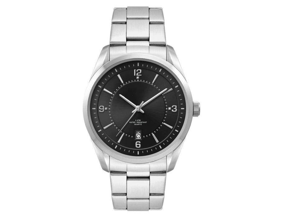 Mens Casual Dress Watch, Stainless Steel Strap - A men's casual dress watch featuring a stainless steel strap and a black dial with large numerals and a logo.