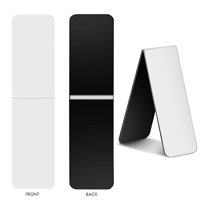 Fridge Magnet and Book Mark – Large - A large fridge magnet and bookmark with a white front and a black back, displayed in both flat and standing positions.