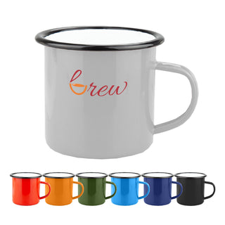 Enamel Camper Mug - A grey enamel camper mug with a black rim and a logo. Available in multiple colours: orange, green, blue, and black.