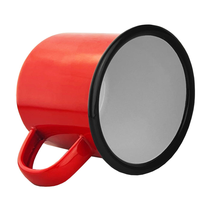 Enamel Camper Mug - A red enamel camper mug with a black rim and handle, featuring a plain interior.
