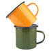 Enamel Camper Mug - An orange enamel camper mug stacked on a green enamel camper mug, both featuring black rims and handles.