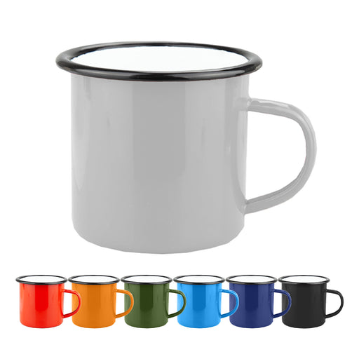 Enamel Camper Mug - A drinkware enamel camper mug in white with a black rim, featuring multiple colour options below.
