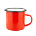 Enamel Camper Mug - A red enamel camper mug with a black rim and handle, featuring a smooth finish and a simple design.