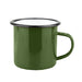 Enamel Camper Mug - A green enamel camper mug with a black rim and a handle, featuring a simple design.
