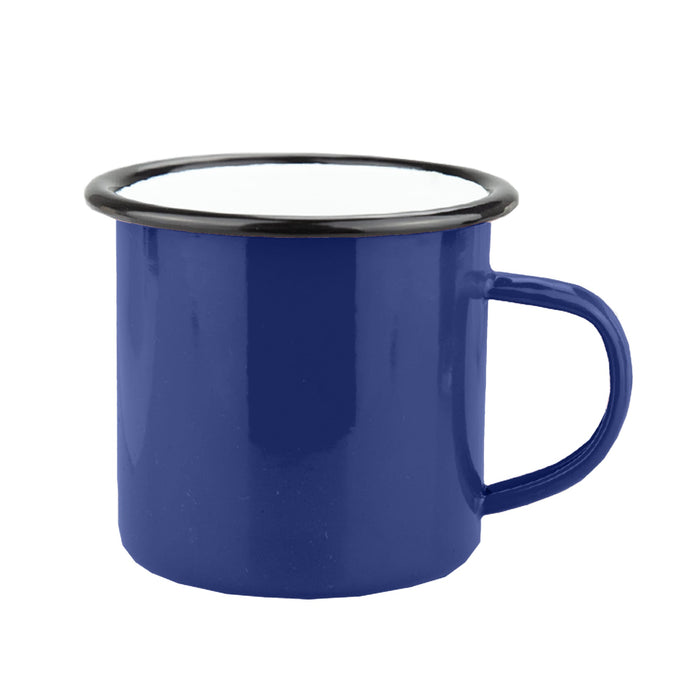 Enamel Camper Mug - A blue enamel camper mug with a black rim and a sturdy handle, featuring a logo on its surface.