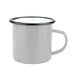 Enamel Camper Mug - A grey enamel camper mug with a black rim and a sturdy handle. It features a logo on the side.