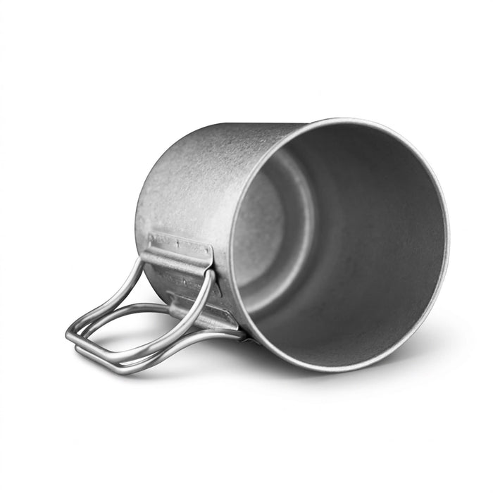 Bush Imitation Titanium Cup - A stainless steel cup with a metallic finish and two handle grips. It has a simple, streamlined design.