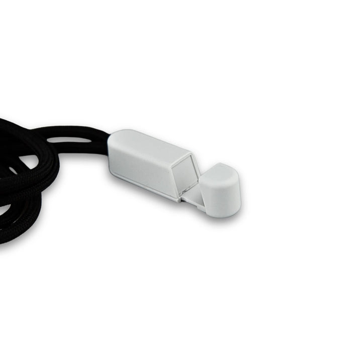 Phone holder Lanyard - A black lanyard with a white phone holder attached at one end.