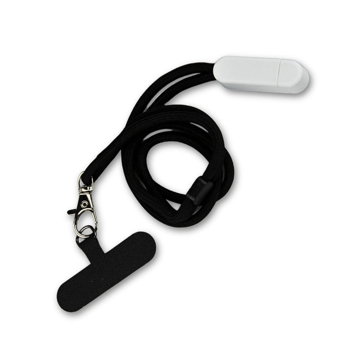 Phone holder Lanyard - A black phone holder lanyard with a white attachment and a clip for secure fastening.