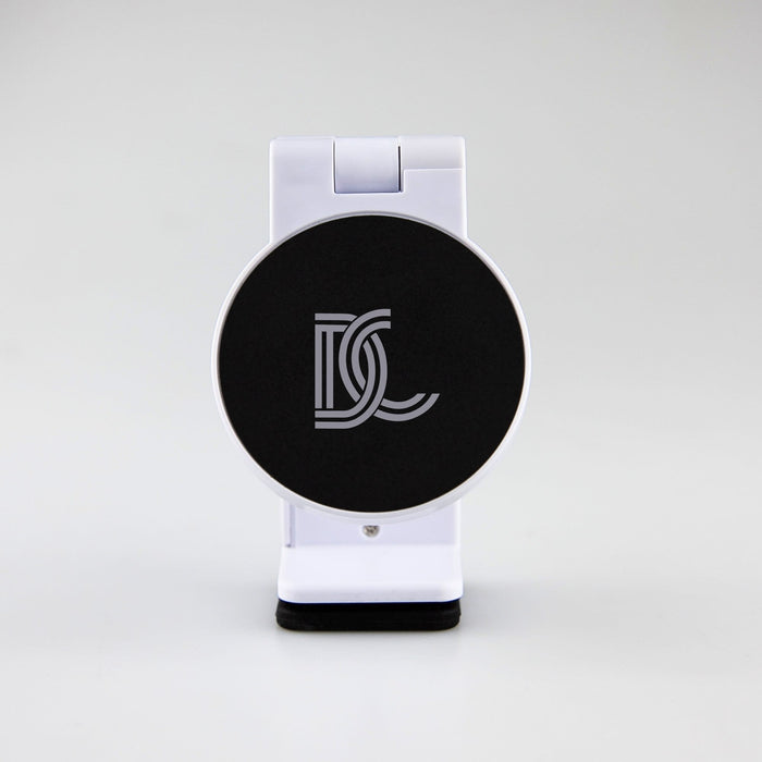 Traveler Mobile Phone Stand - A white mobile phone stand with a black circular base featuring a logo. The design is sleek and modern.