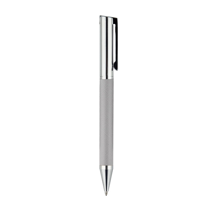 Geneva Metal Pen - A silver metal pen with a textured grip and a clip, featuring a logo on the barrel.