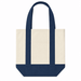 Mini Canvas Tote - A mini canvas tote in cream and navy blue, featuring two handles and a small pocket on the front.